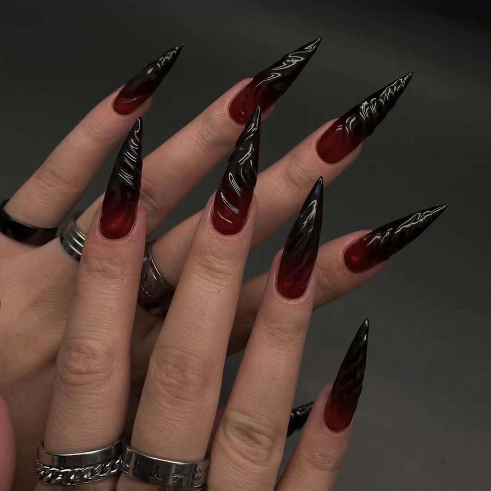 Purple Long Stiletto Press On Nails Gradient With Silver Design Full Cover Acrylic False Nails