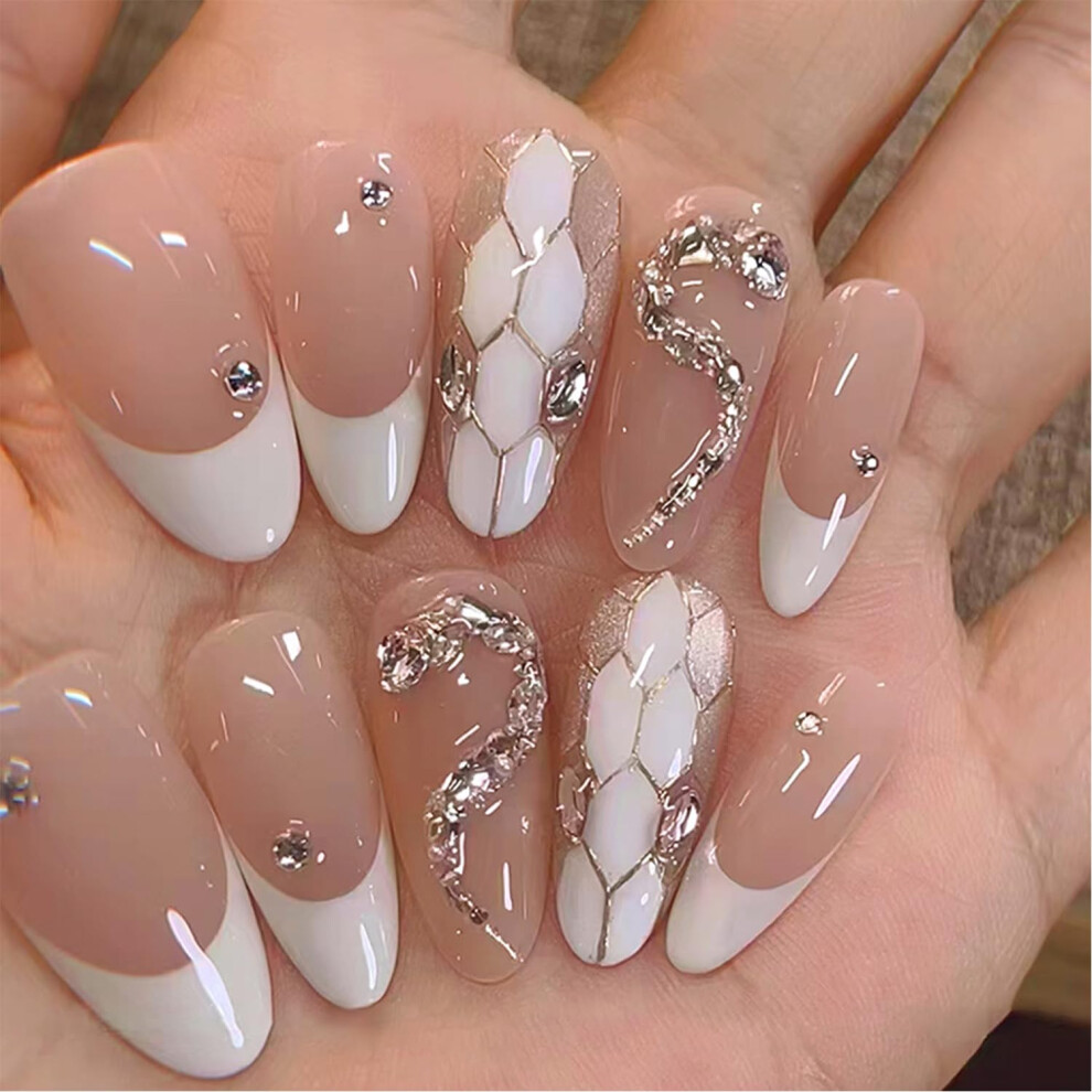 24Pcs White French Tip Press on Nails Medium Almond Acrylic Fake Nails with Reusable Snake Pattern