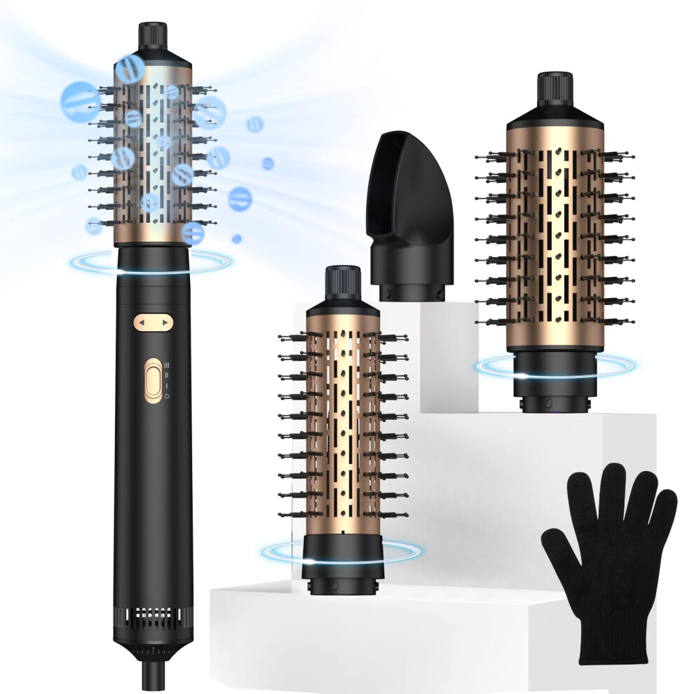 3 in 1 Rotating Hair Dryer Brush with Interchangeable Barrels, BiDirectional Curling, Ceramic Ionic Styling