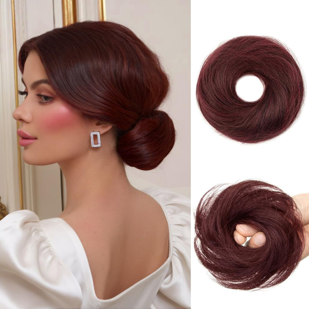 Human Hair Bun Extension with Secure Elastic Band, Burgundy 99J Messy Bun Hair Piece for Women