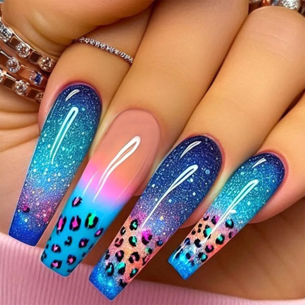 Press On Nails Color Gradient Leopard Long Square Coffin Acrylic False Nails Reusable Nail Kit