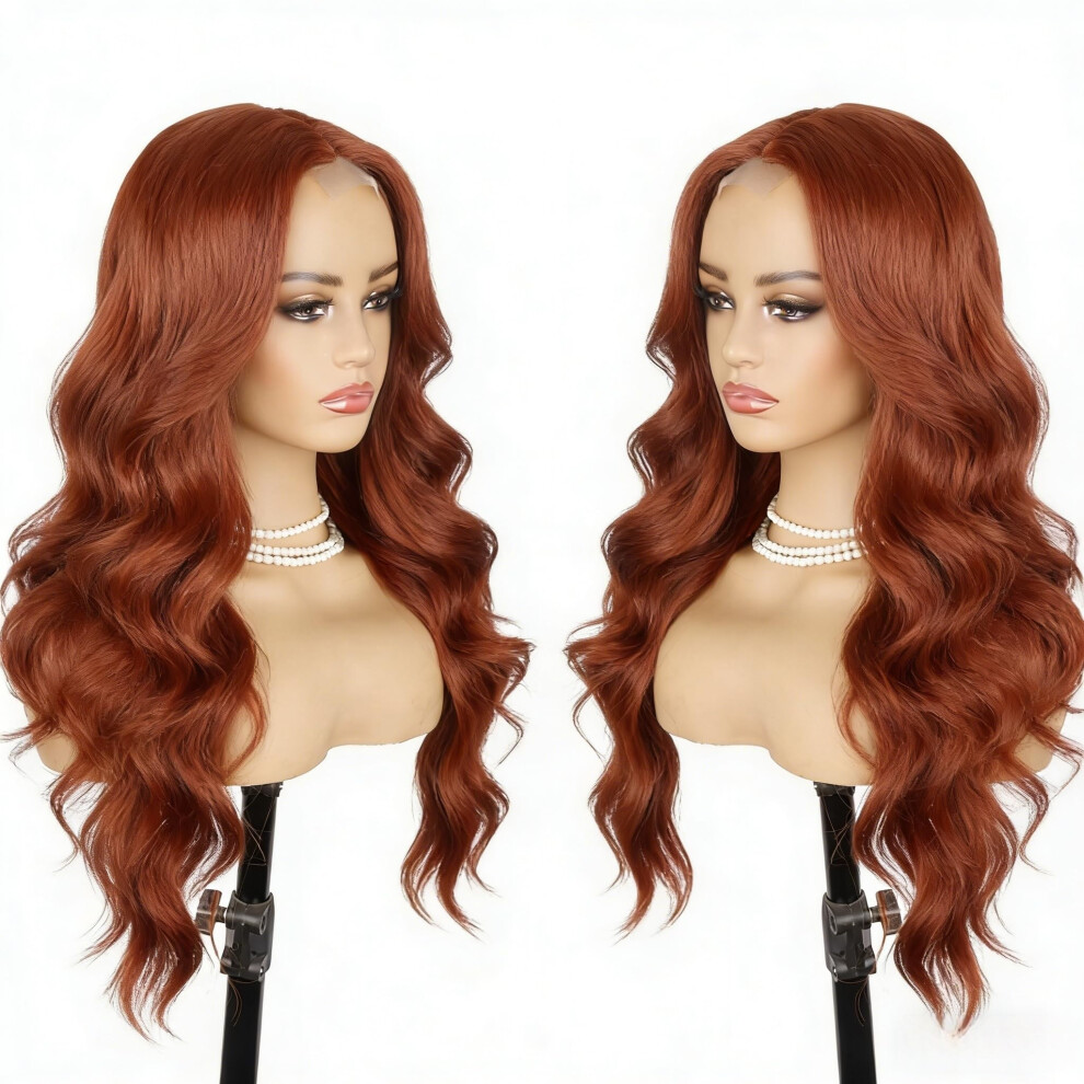 Unisex Red 26 Inch Auburn Long Wavy Synthetic Lace Front Wig For Women, Realistic Hairline, Heat Resistant