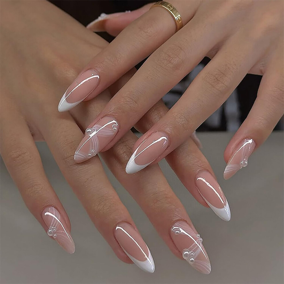 White 24Pcs Medium Almond French Tip Press On Nails With Pearl Ribbon, Acrylic False Nails For Women