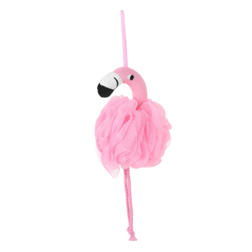 Pink Bath Shower Loofah Mesh Bath Pouf With Gentle Exfoliation And Hanging String, Flamingo