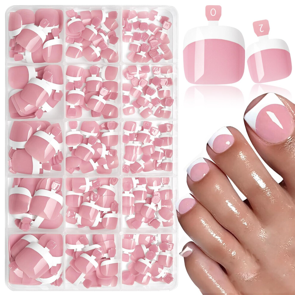 Pink French Tip Press On Toenails Kit, 240Pcs Short Square Fake Toenails With Durable Acrylic Finish