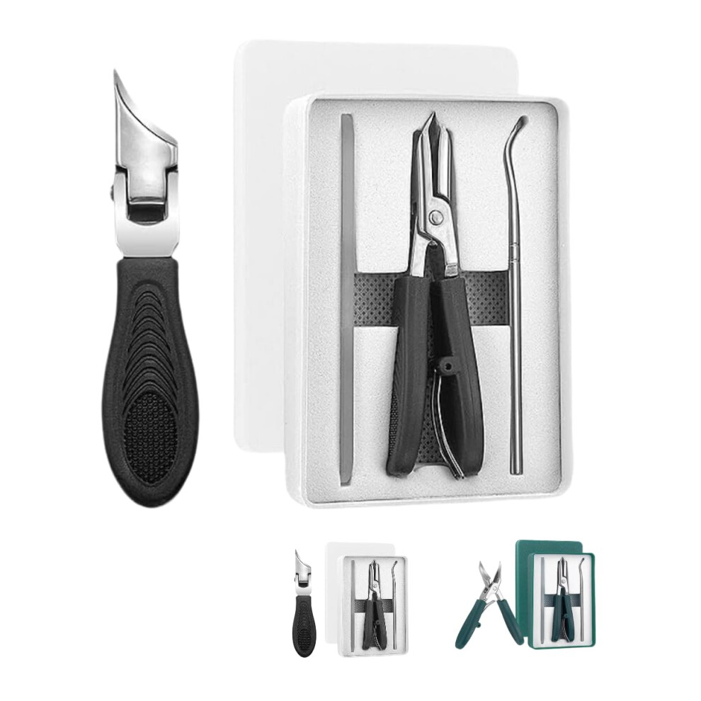 Black Nail Clippers 3Piece Set Wide Beveled Jaw Long Handle Grip For Thick And Ingrown Toenails