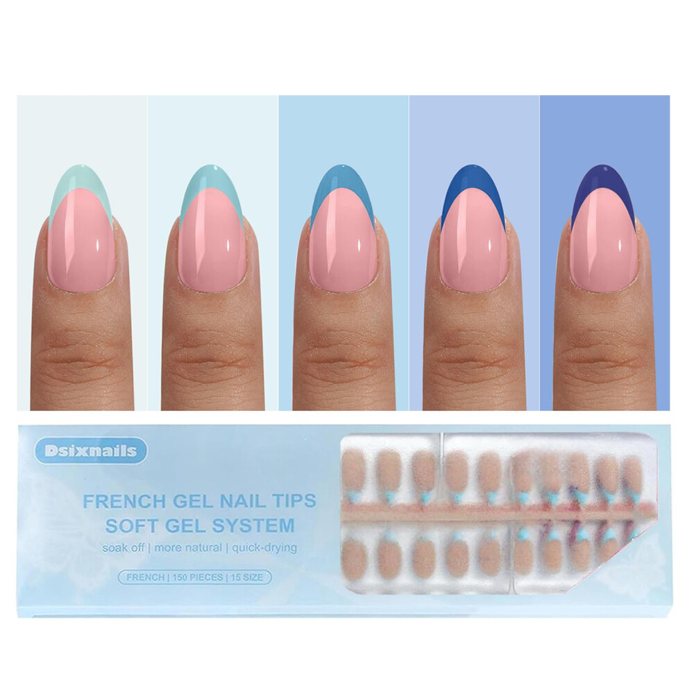 Blue 150Pcs Short Almond French Tip Press On Nails, Soft Gel Uv Long Wear Fake Nail Tips Set