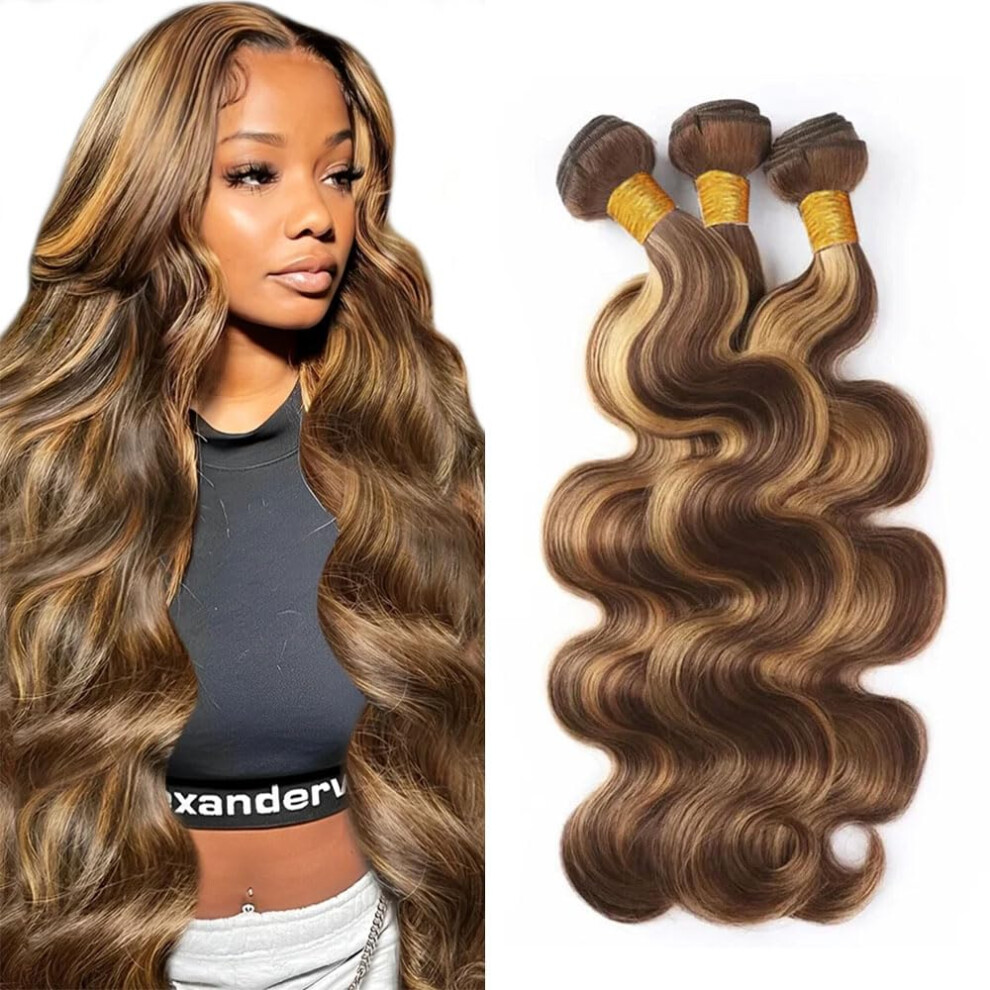 Unisex Brown P4/27 Ombre Human Hair Bundles Brazilian Body Wave 3Pcs Set 20 22 24 Inch Virgin Remy
