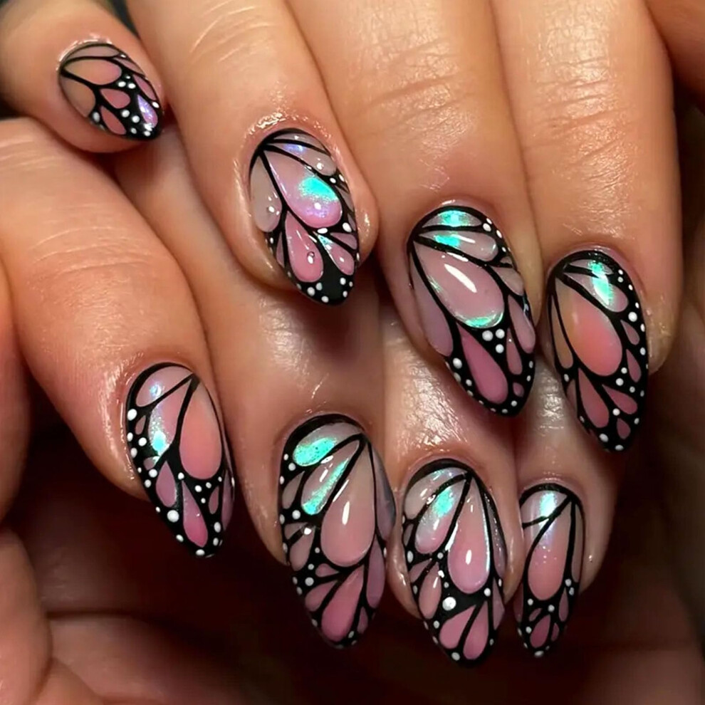 White Almond Medium Press On Nails With 3D Butterfly And Spot Design, Glossy Fake Nails Set 24Pcs