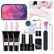 Poly Gel Nail Extension Kit with UV Light, Slip Solution, 3 Shades, Base and Coats for Beginners