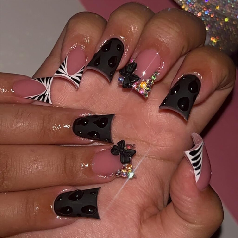 Long Press on Nails 24pcs Set French Tip Fake Nails with Bow Design Glossy Durable Artificial Nails