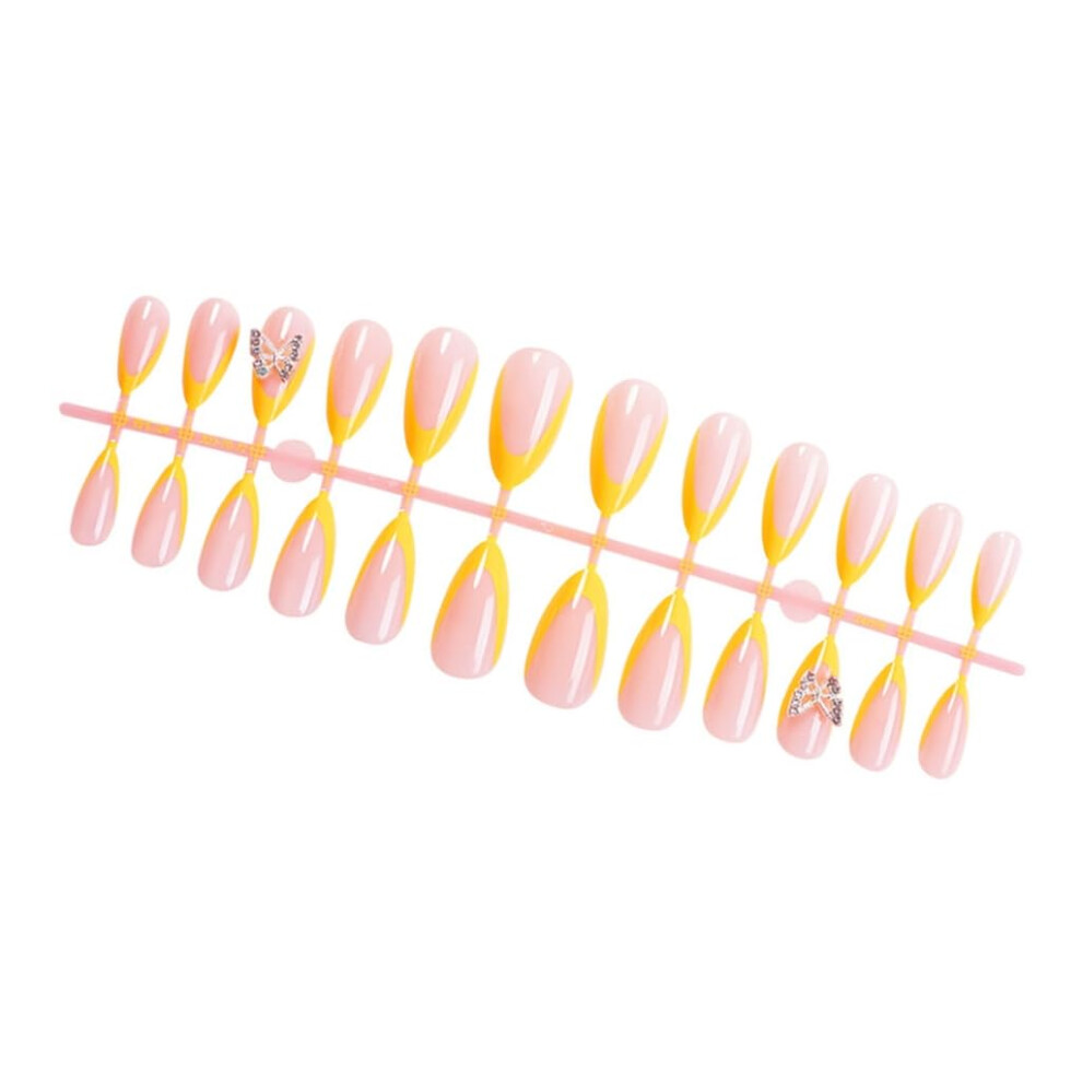 Yellow French Tip Almond Press On Nails with Butterfly Rhinestones for Women, 24pcs Set