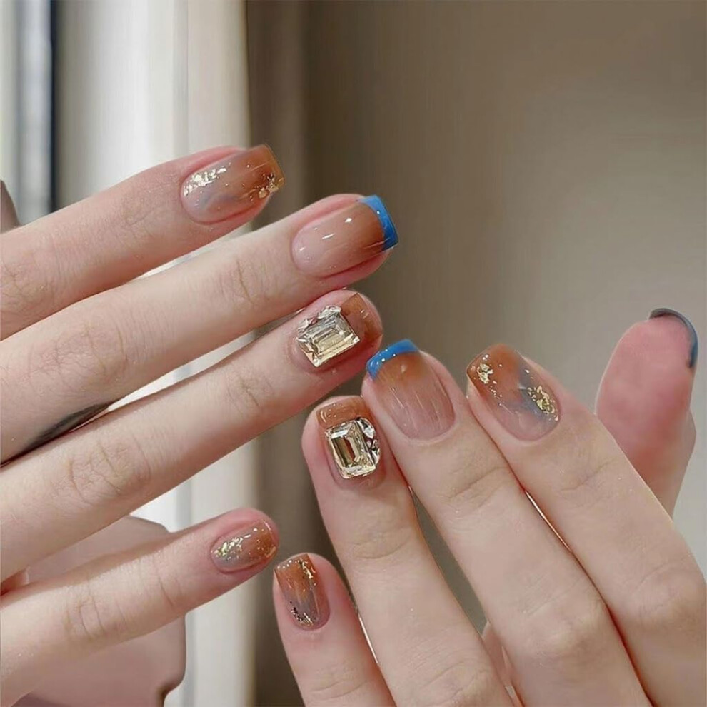 Blue 30Pcs French Tip Press On Nails With Rhinestone Glitter Short False Nails For Instant Salon Manicure