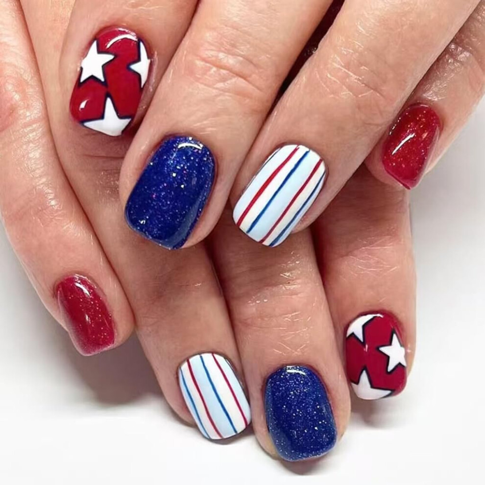 Press On Nails Independence Day American Flag Fake Nails Patriotic French Tips for 4th of July