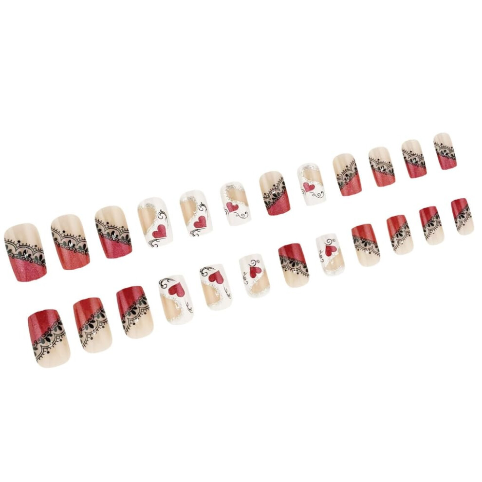 24 Pcs Valentine Heart French Tip Press On Nails Glitter False Nails for Party and Wedding