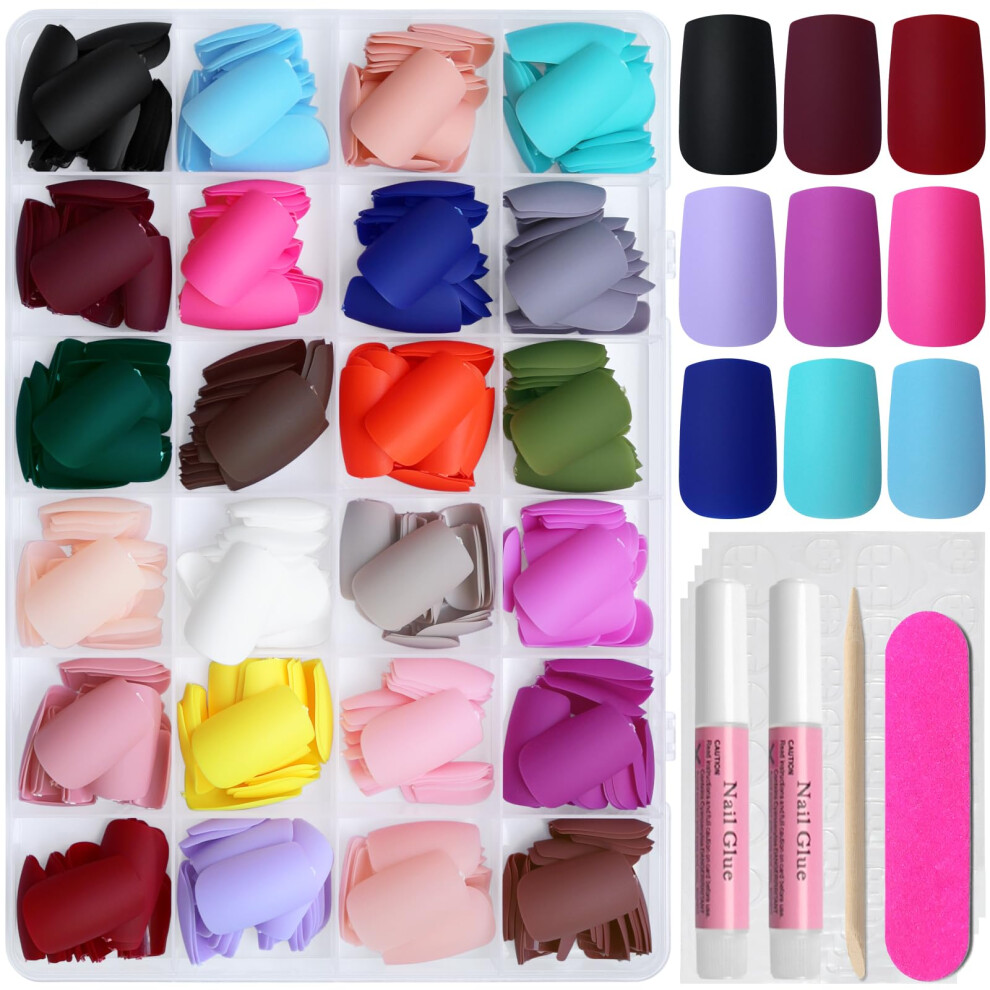 Press on Nails Medium Square Fake Nails Set 576pcs 24 Colors Full Cover Matte Acrylic Tips