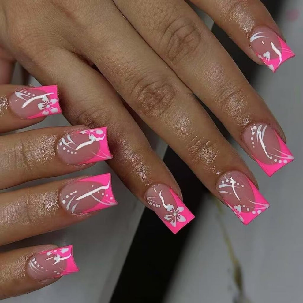 Short Square French Tip Press On Nails with Floral Design, 24pcs False Nails for Instant Manicure