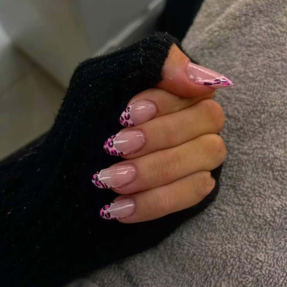 24Pcs Almond Press on Nails Leopard French Tips Glossy Acrylic Fake Nails Set for Women