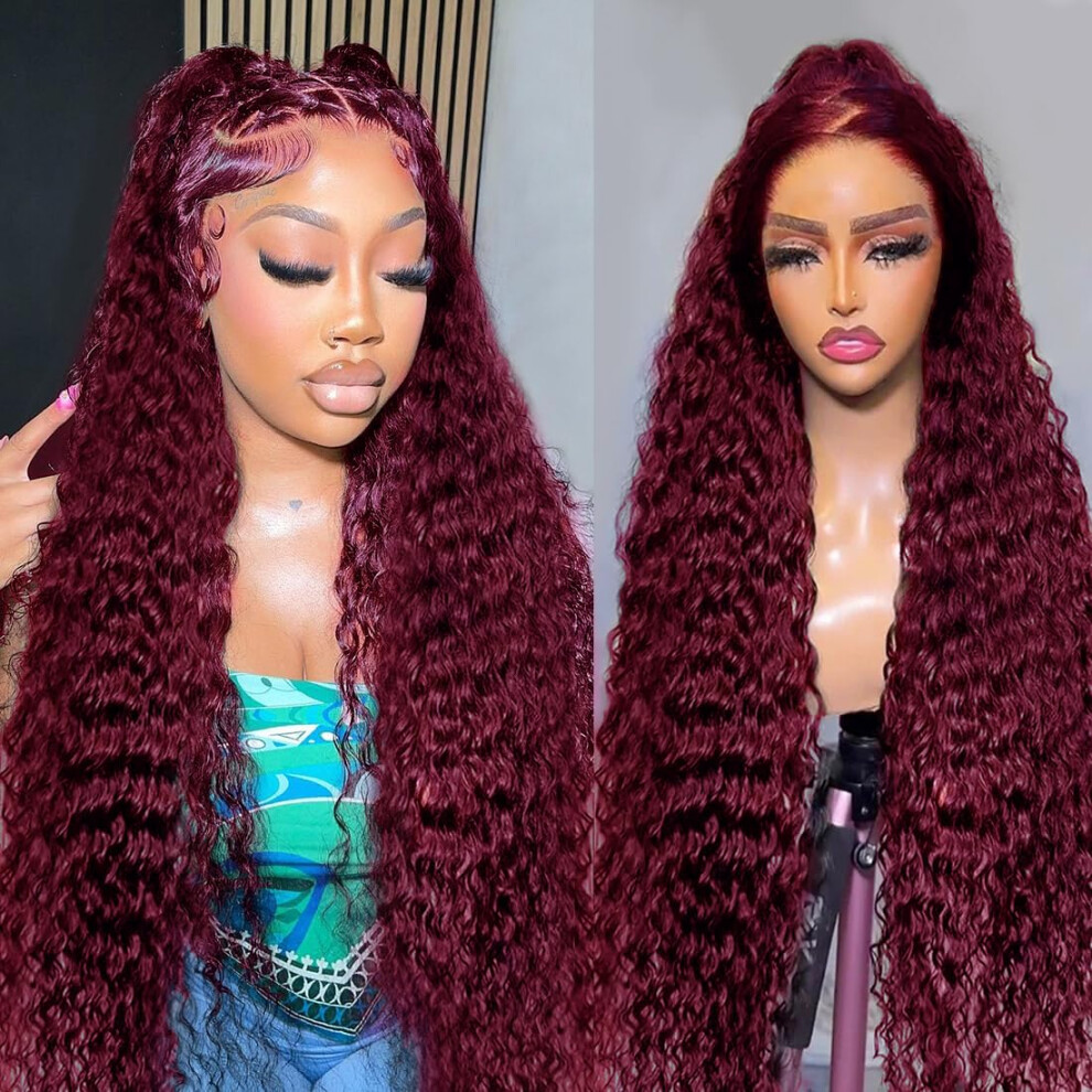 Unisex Red 99J Burgundy Deep Wave Human Hair Lace Front Wig 24 Inch Pre Plucked 250 Density Glueless Natural Hairline