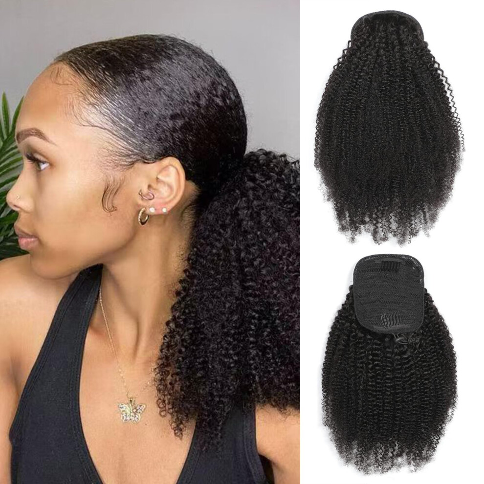 Unisex Black Afro Kinky Curly Ponytail Human Hair Drawstring Extension 18 Inch 4C Texture For Women