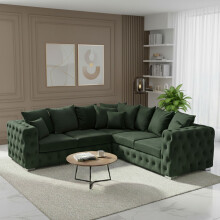 (Green, 5 Seater Corner) Ashton 5 Seater Corner Sofa Plush Velvet | Chesterfield Style Scatter Back Sofa