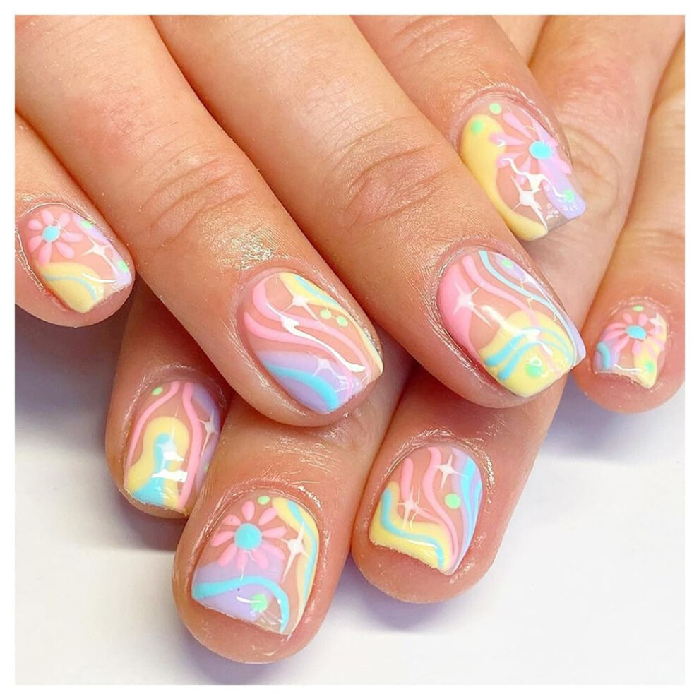 24PCS Short Square Press on Nails â Colorful Wavy Fake Nails with Vibrant Dopamine Colors, Reusable