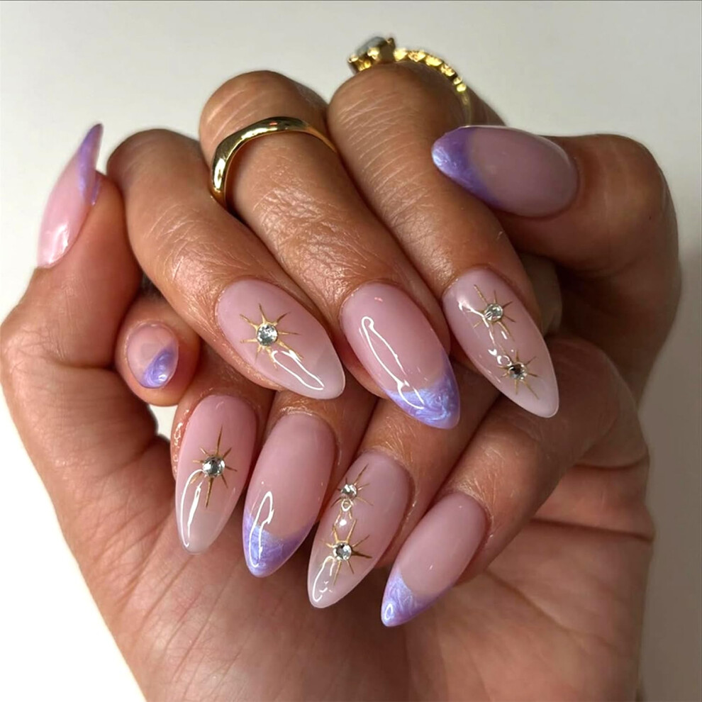 Purple French Tip Press on Nails with Rhinestones Medium Almond Fake Nails Reusable Glossy Set