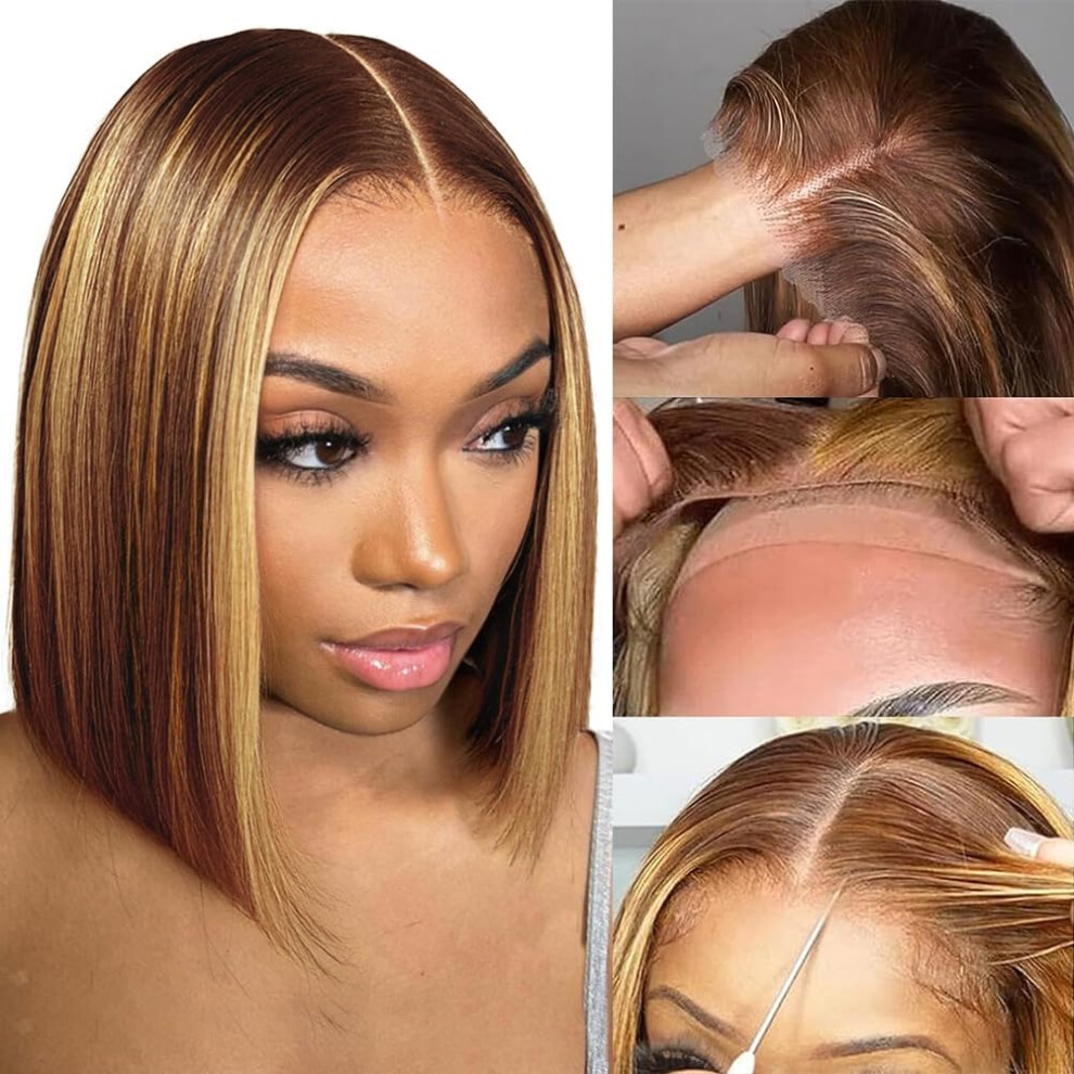 Unisex Glueless Human Hair Bob Lace Front Wig Honey Blonde Ombre 7X5 Pre Plucked 180% Density 12Inch