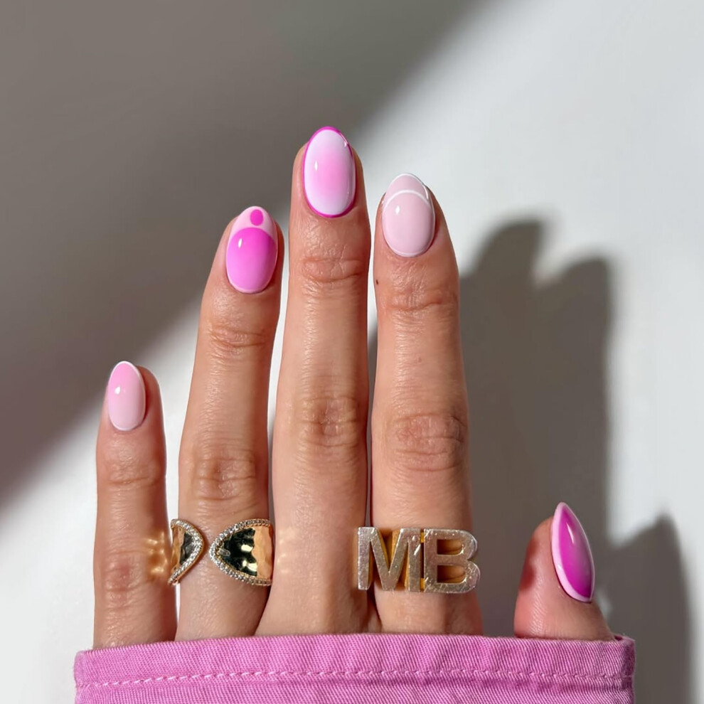 Pink,White Short Almond French Tip Press On Nails Pink And White Glossy Acrylic False Nails Reusable