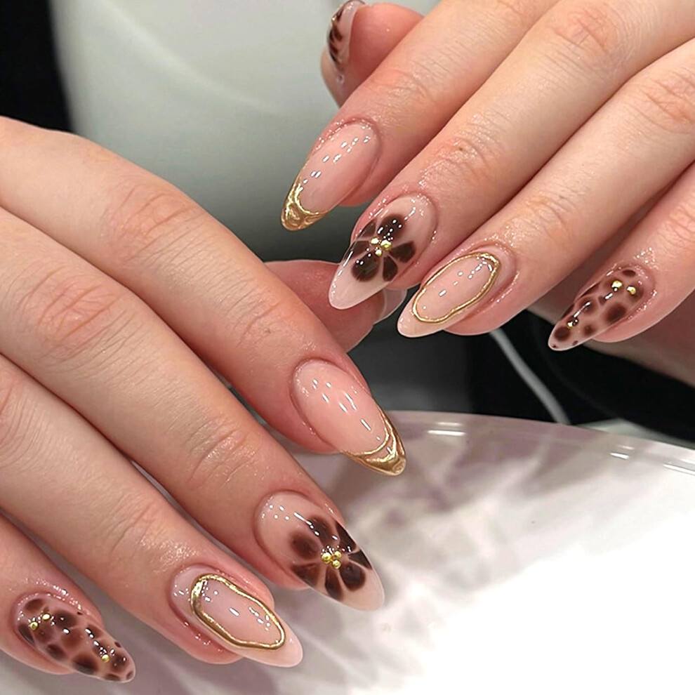 Almond Shape Press On Nails Medium Length Leopard Flower Design Instant Salon Manicure 24Pcs