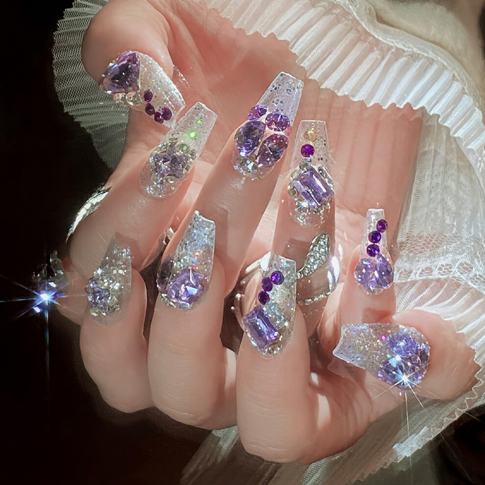 Purple Glitter Long Coffin Press On Nails With Rhinestones, Reusable Salonquality Acrylic Set