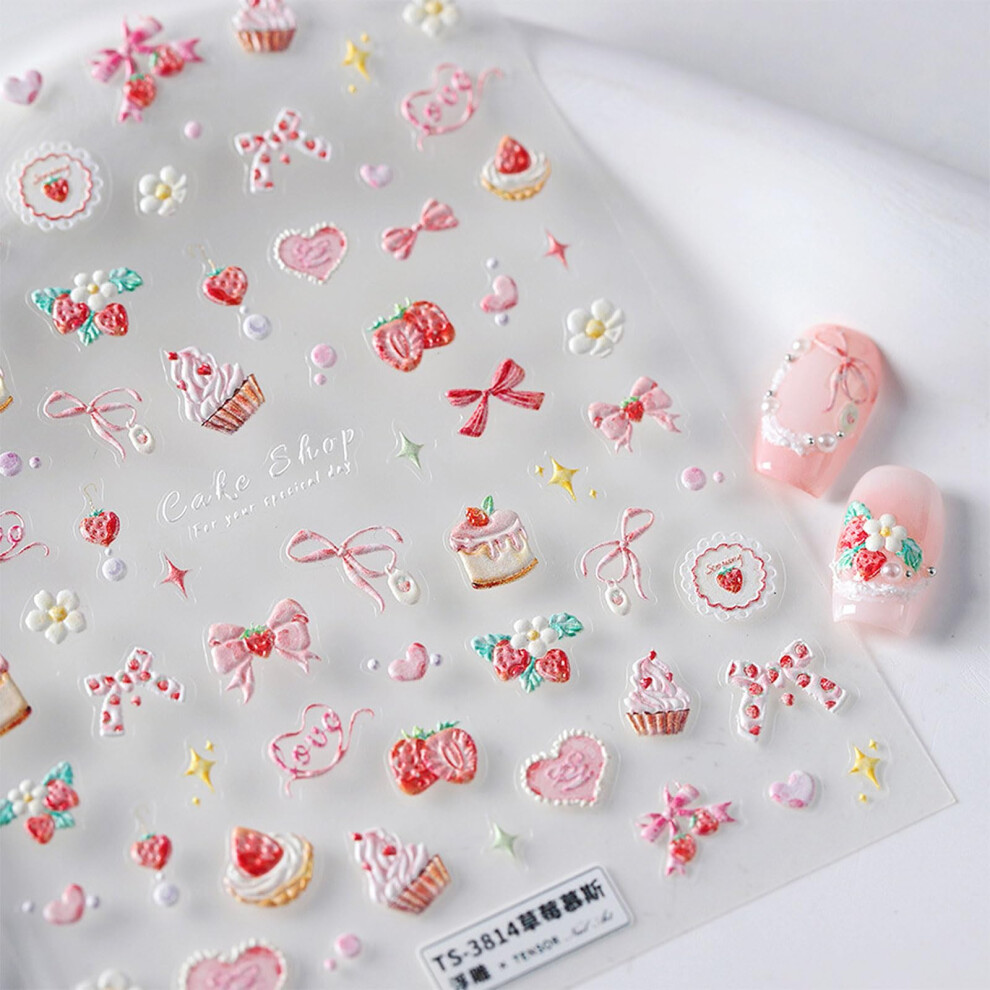 Pink 3D Embossed Nail Art Stickers With Strawberry Bow, Selfadhesive 5D Nail Decoration Sheet