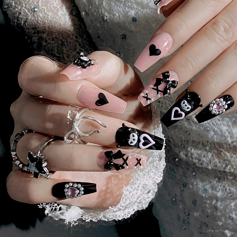Black Gothic Press on Nails Medium Coffin Acrylic Set with Anime Heart Design 24pcs Glossy Finish