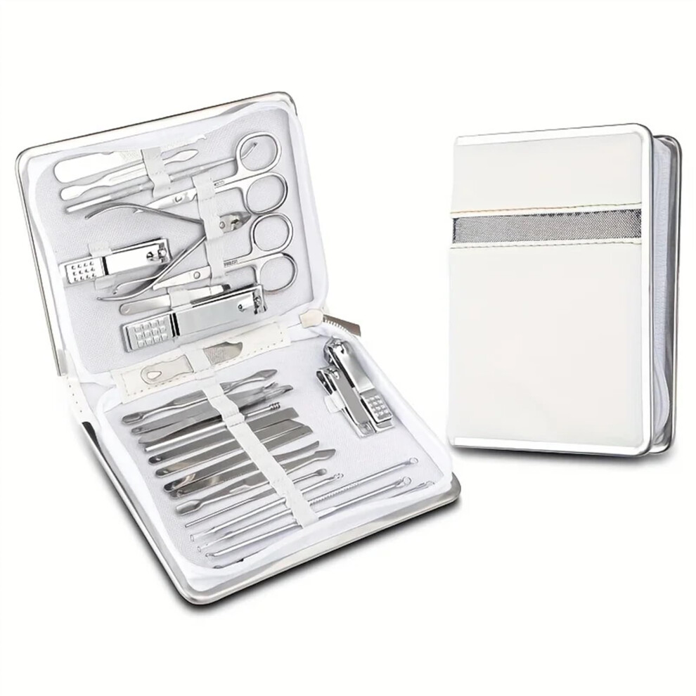 White Manicure Pedicure Set 26Pcs Stainless Steel Nail Clippers Kit With Pu Travel Case