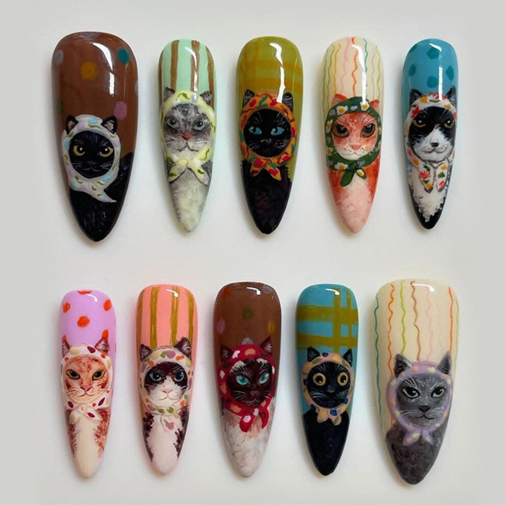 Long Almond Press on Nails with Cute Cat Designs, Glossy Reusable Acrylic False Nail Set 30Pcs