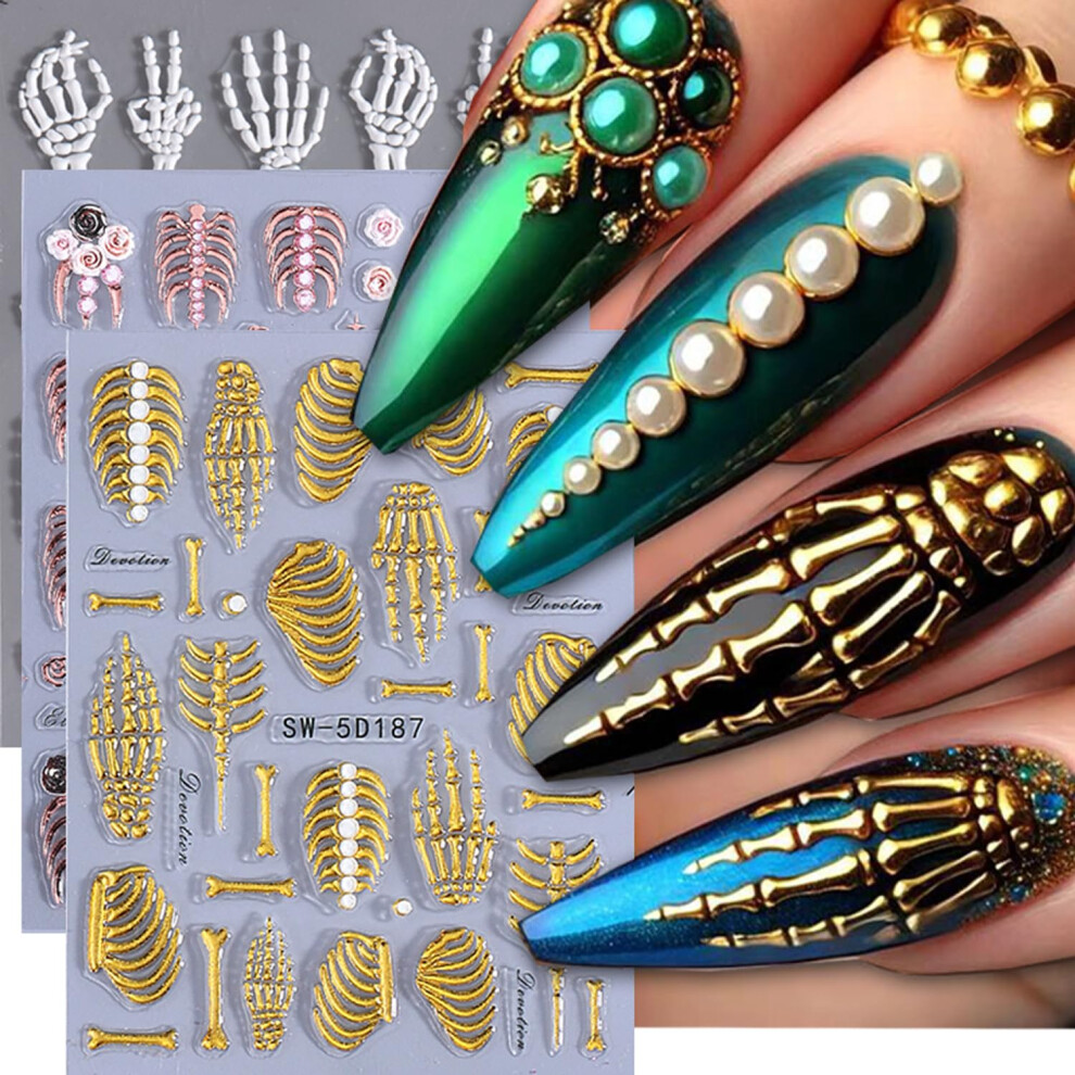 Gold Halloween Nail Art Stickers 5D Embossed Skull And Rose Skeleton Decals For Acrylic And Natural Nails, 3 Sheets