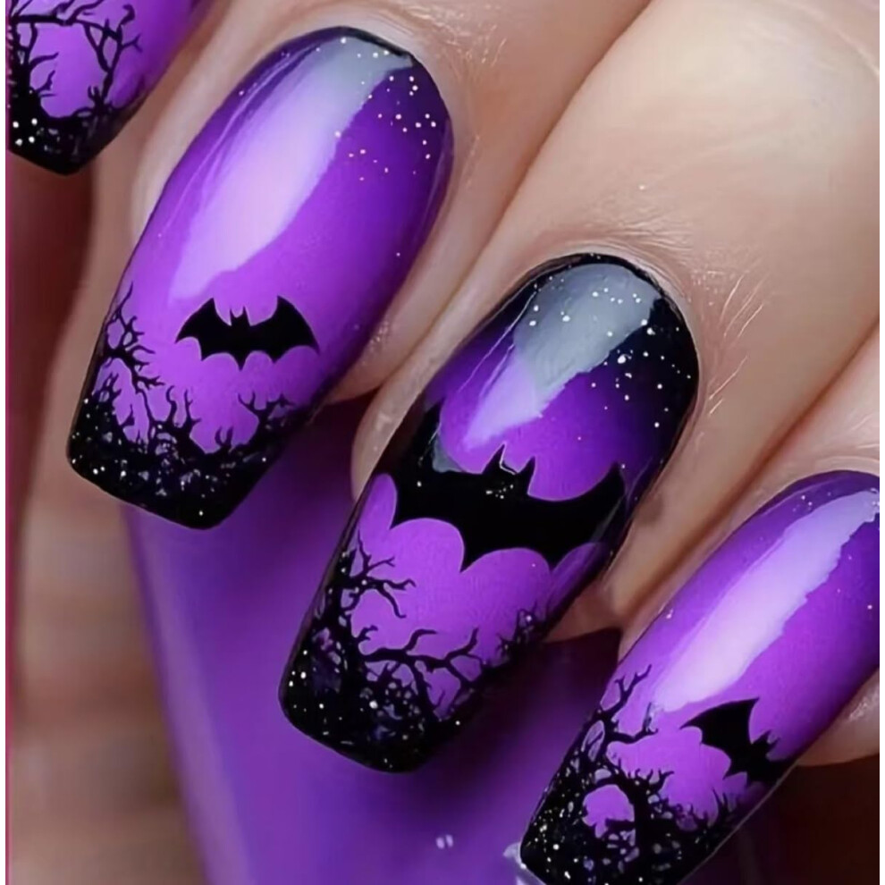Purple Halloween Press On Nails Bat Medium Coffin Shape Glossy Fake Nails 24Pcs Set For Women