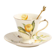 Tea Cup and Saucer Set with Golden Spoon, 6oz Cute Lemon Pattern Porcelain Coffee Mug