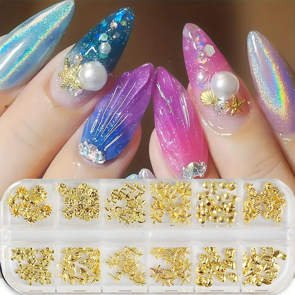Gold Ocean Theme Nail Charms Set With 12Grid Storage, 3D Metal Starfish Shell Nail Decorations