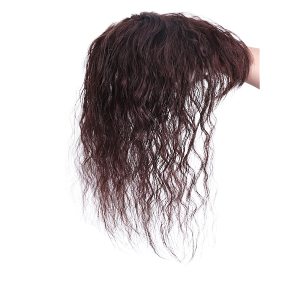 Unisex Brown Natural Curly Human Hair Topper With Bangs For Women, Clip In Wiglet For Instant Crown Volume, 12' Dark