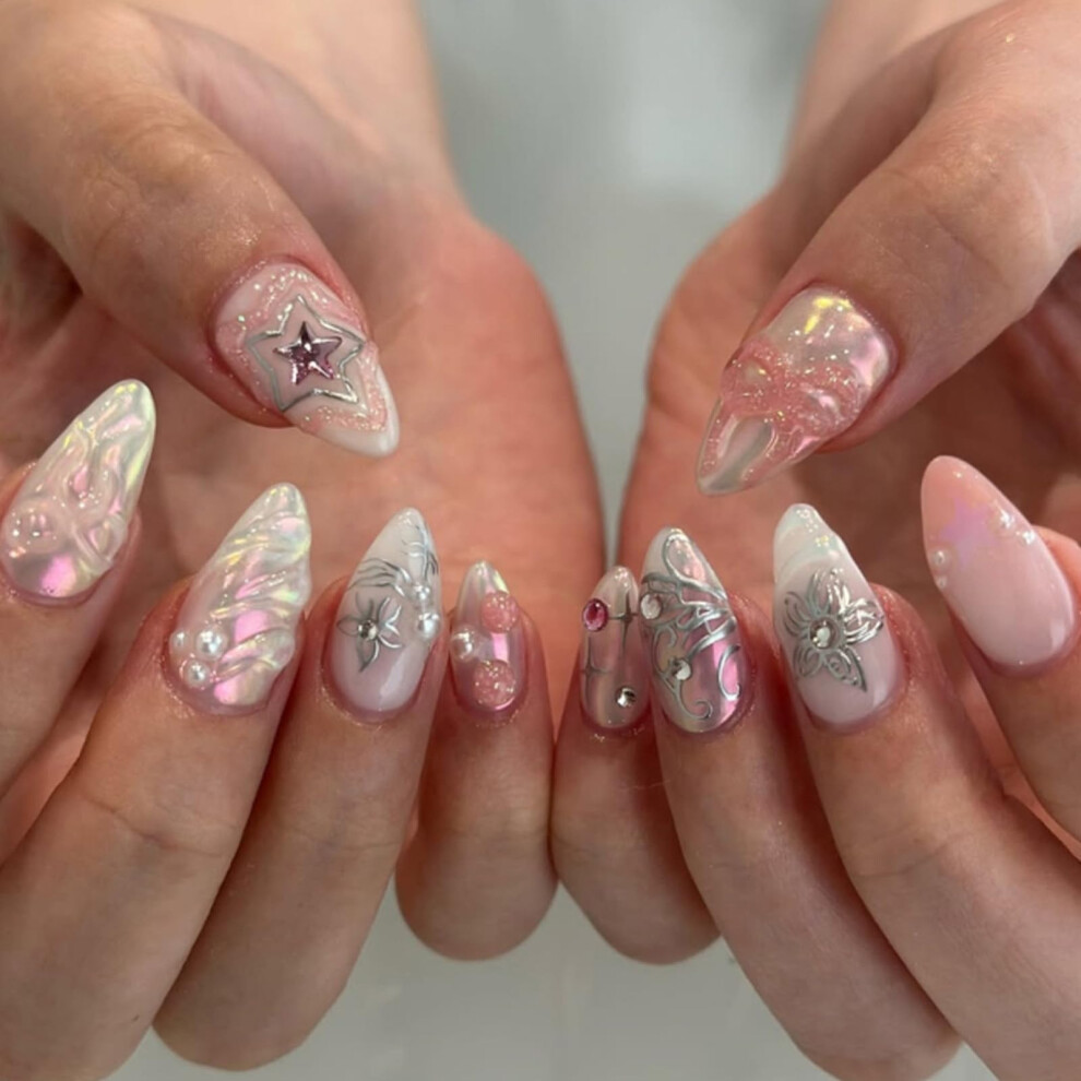 Silver Reusable Aurora Glitter Medium Almond Press On Nails With Rhinestones, 24Pcs Natural Look