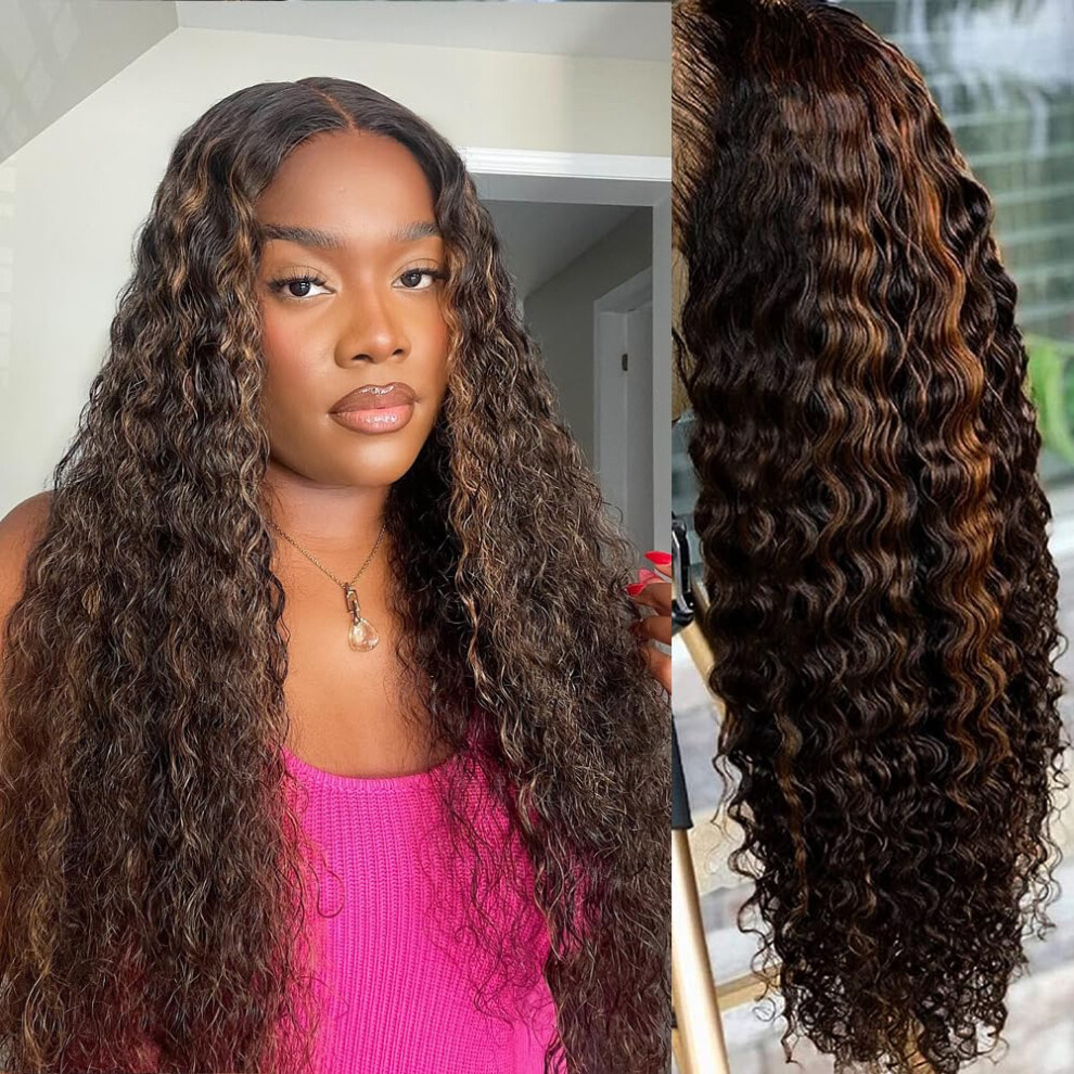 Unisex 20 Inch Ombre Deep Wave Human Hair Lace Front Wig 1B/30 Pre Plucked Hd Hairline 180% Density