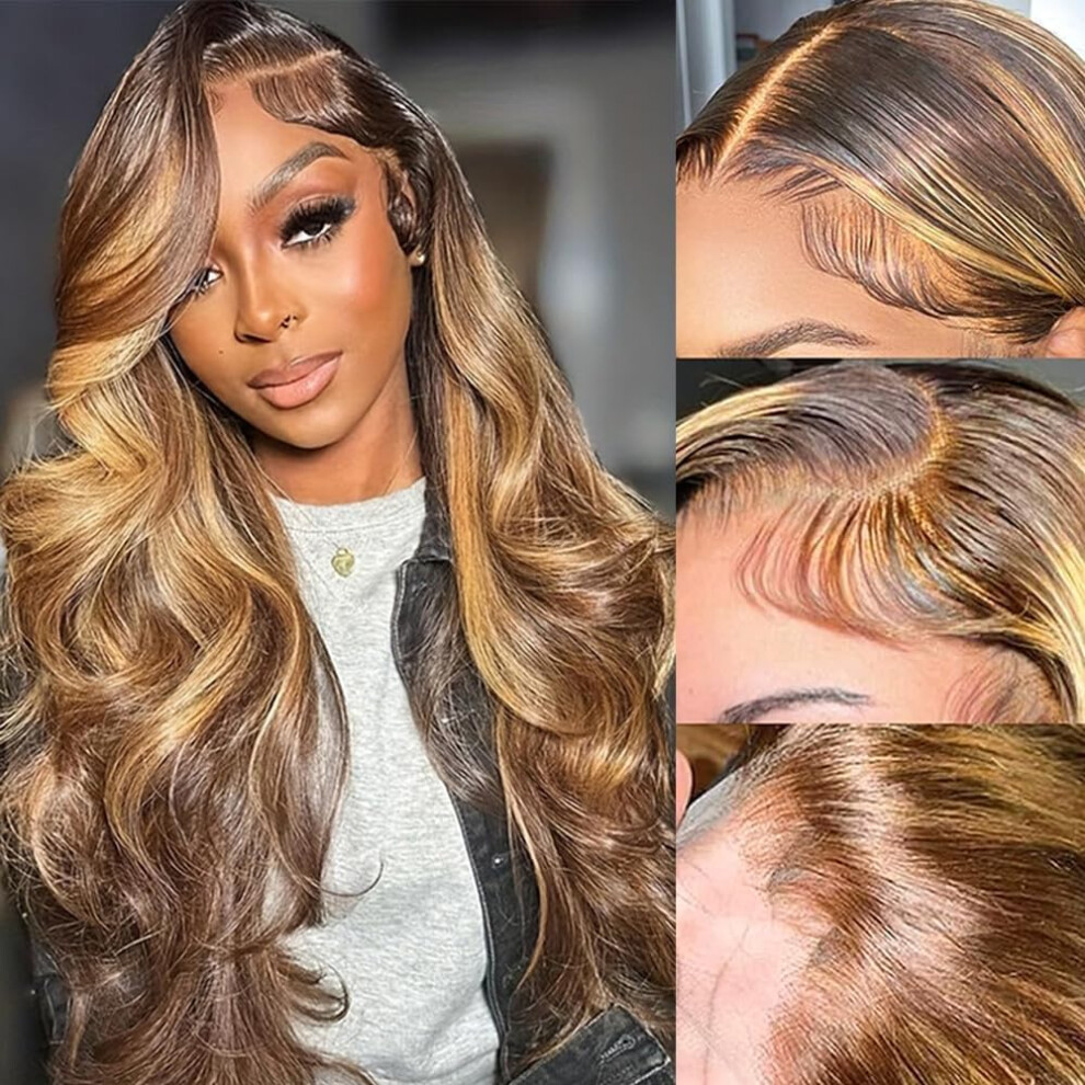 Unisex Ombre Highlight Body Wave Human Hair Lace Front Wig 13X4 Hd Transparent Glueless Pre Plucked