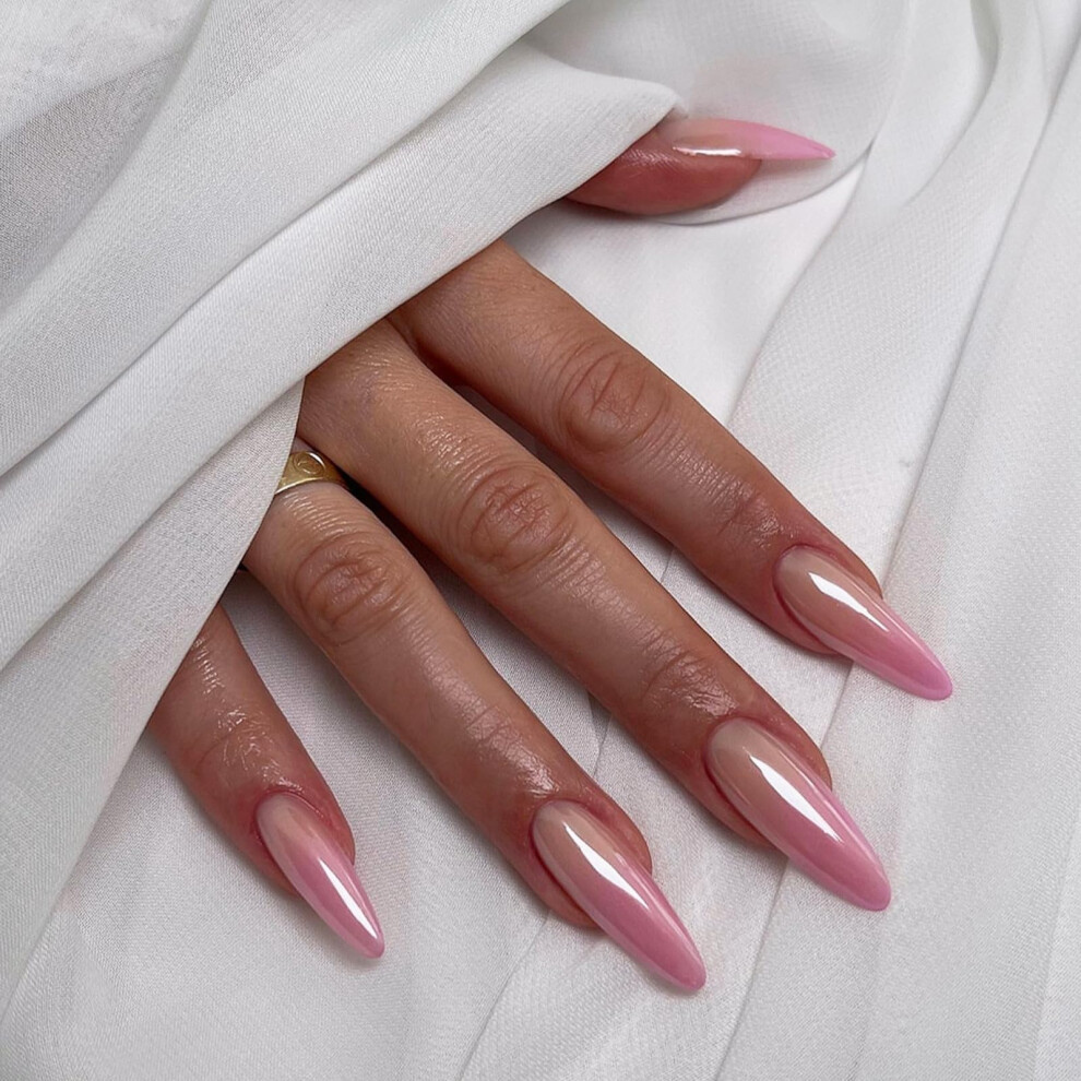 Gradient Pink Long Almond Press On Nails Set  Salon Style Nude Petal Fake Nails with Glitter