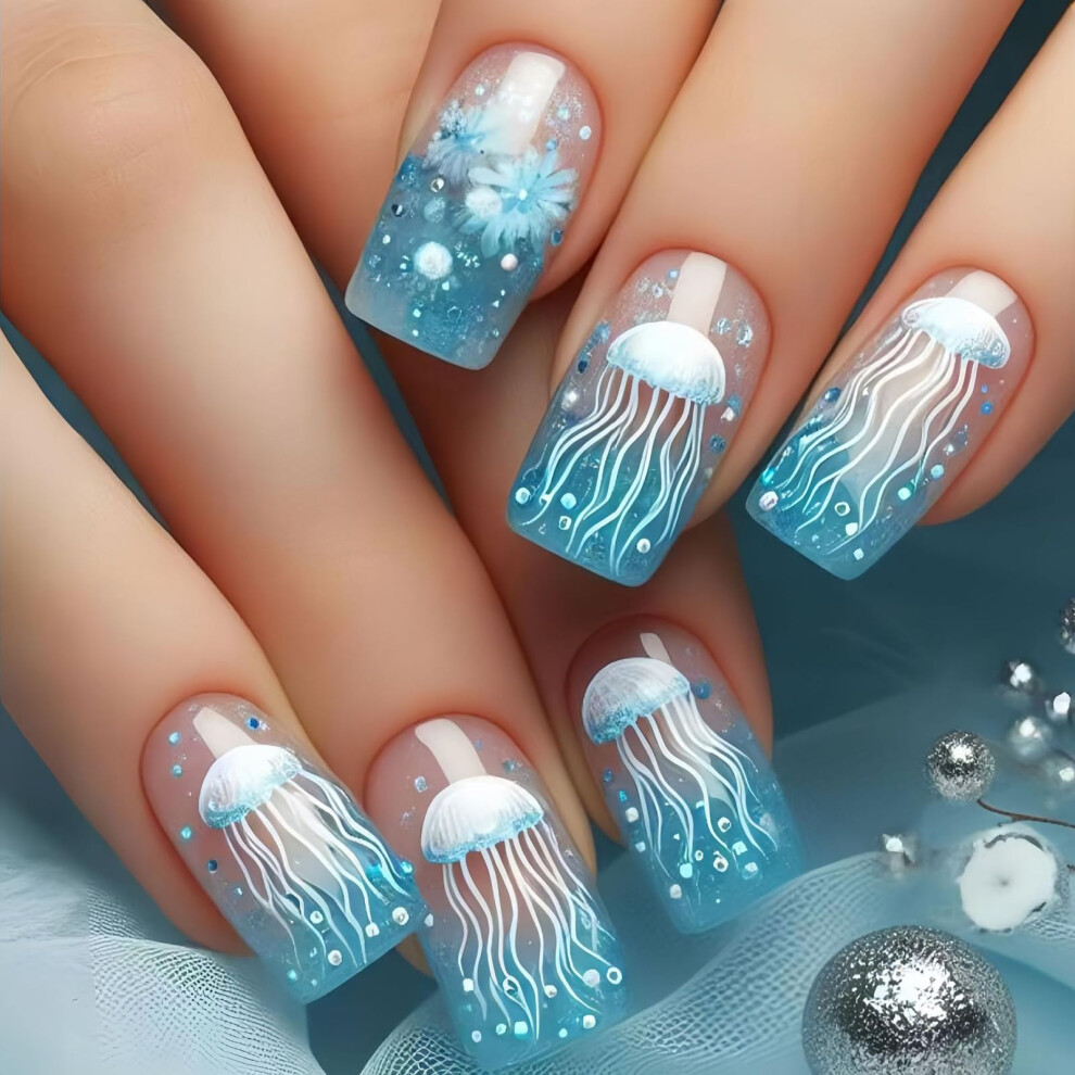 Medium Long Square Press On Nails Ocean Theme with Glue Jellyfish Flower Reusable Acrylic Set