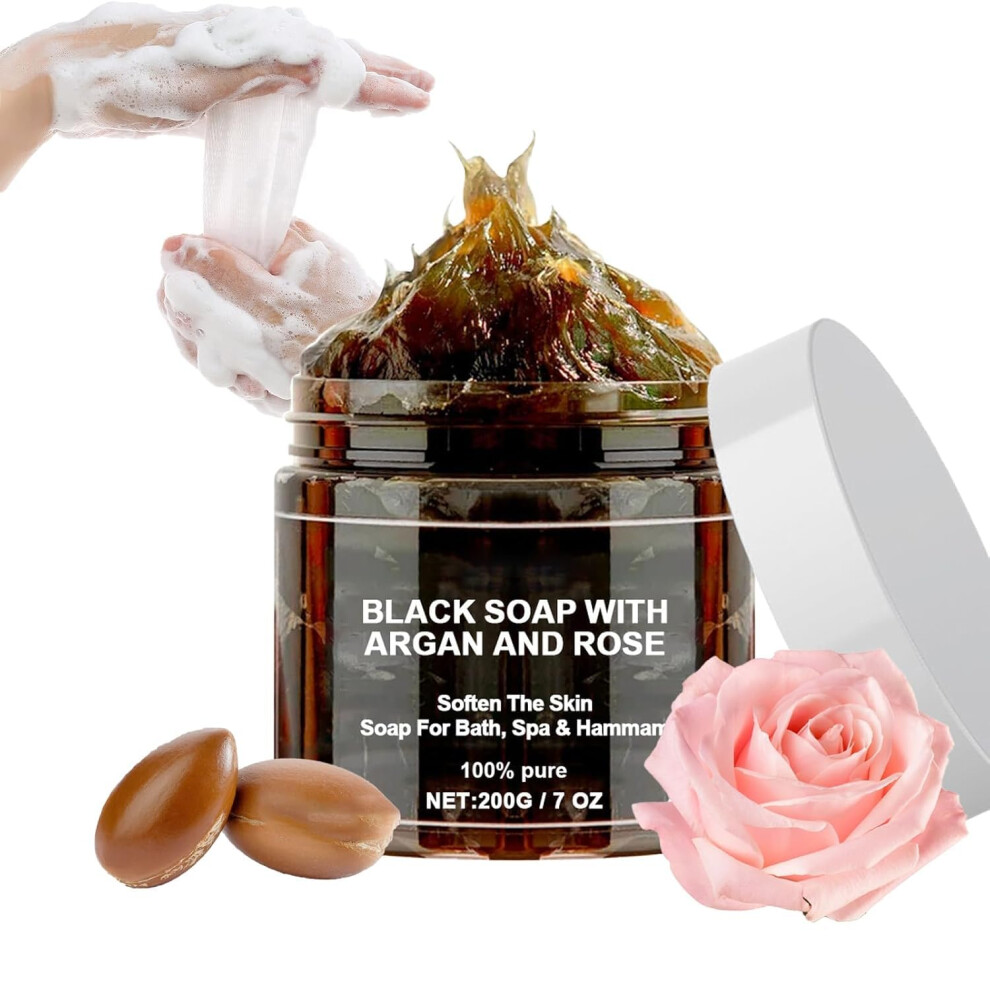 Black Moroccan Soap With Argan Oil And Rose, Deep Hydration And Gentle Cleansing, 7 Fl Oz