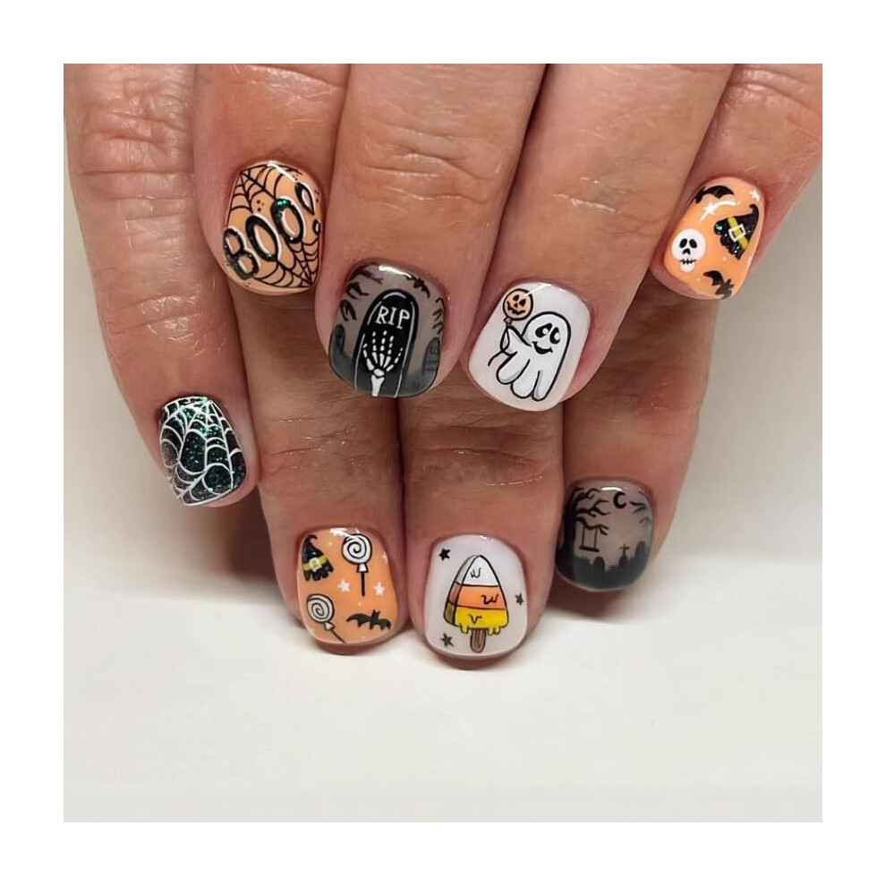 Halloween Press On Nails Short Square Fake Nails with Candy Ghost Cobweb Design Reusable Acrylic Set