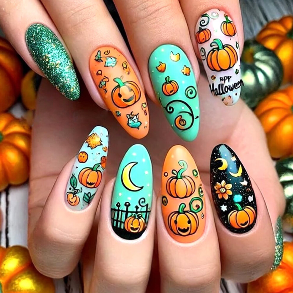 Halloween Almond Press On Nails with Glitter Pumpkin Moon Design, Fake Acrylic Nails Set 24Pcs