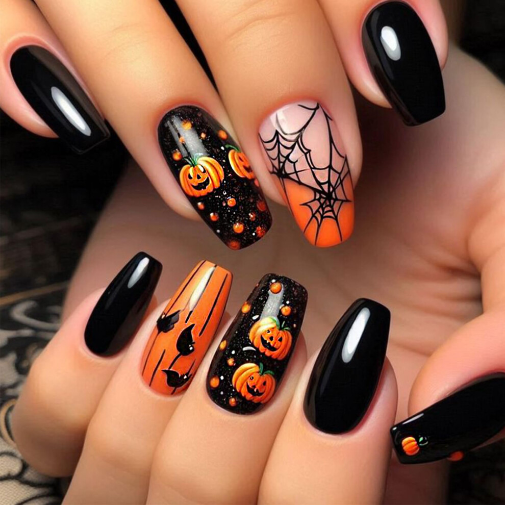 Black Halloween Press On Nails 24Pcs Glossy Coffin Fake Nails With Pumpkin Ghost Spider Web Designs