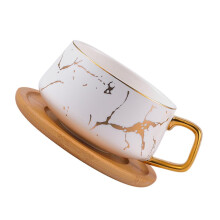 Ceramic Coffee Mug Set with Wooden Saucer, Matte White ScratchResistant Cups for Home and Office